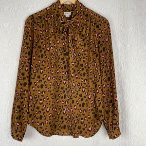 J.Crew Womens Leopard Print Tie Neck Blouse Brown Pink Animal Button Down Small
